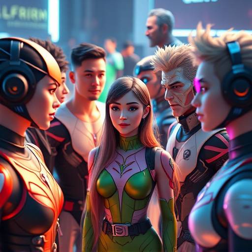 A diverse group of avatars interacting in a futuristic metaverse environment