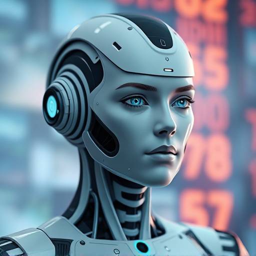 A futuristic AI character displayed on a screen