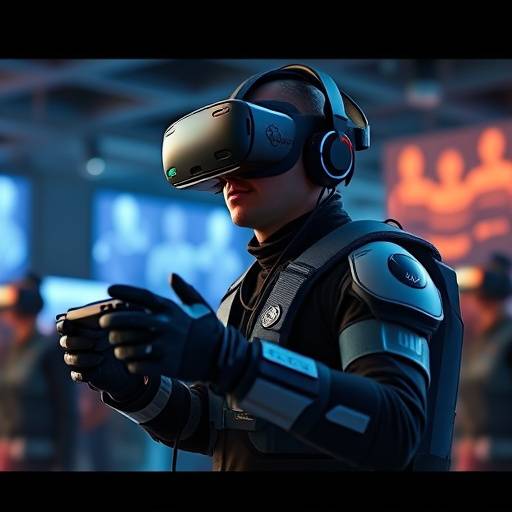 A person wearing a haptic feedback suit in a VR gaming environment