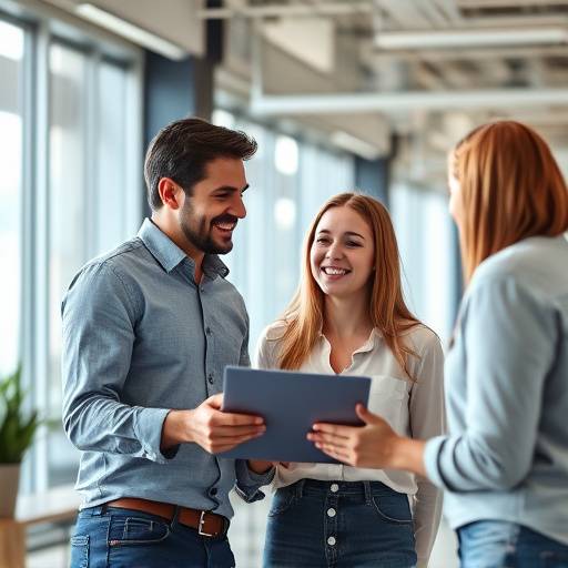 Happy employees collaborating in a modern office space