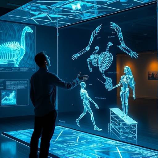 Image of a person interacting with an interactive museum exhibit featuring holographic projections and touch screen displays.