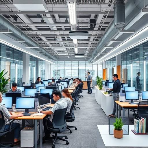 Modern office interior with employees collaborating at workstations in Neo-Kyoto
