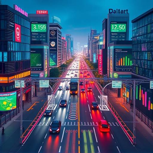 Screenshot of a smart city data visualization dashboard, displaying real-time data on traffic, energy consumption, and environmental conditions.