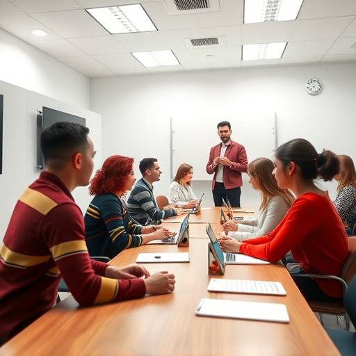 Screenshot of a virtual classroom in a metaverse environment, with avatars of students and a teacher interacting.