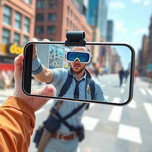 Screenshot of an augmented reality gaming app interface, showing a virtual character overlaid on a real-world background.