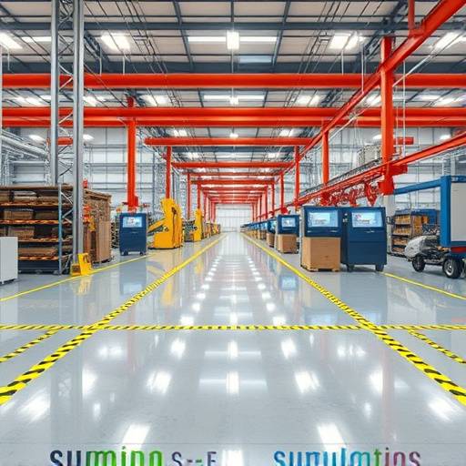 Screenshot of the virtual training simulation developed for Sumida Corporation, showing a virtual factory floor